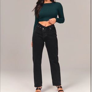 A&F Black High Rise Crossover V Front Straight Leg Curve Love Dad Jeans